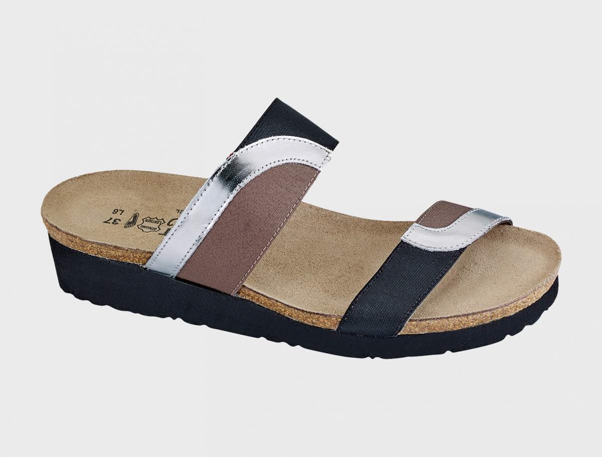 Naot Women's Frankie Silver Mirror Leather Gloss Black Stretch Khaki Patina Elastic Sandal