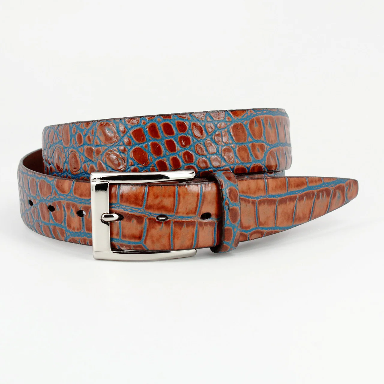 Torino Faux Crocodile Embossed Dress Casual Calfskin Belt Tan Blue 52903